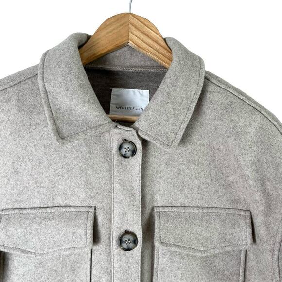 AVEC LES FILLES Button Front Boyfriend Shacket in Beige Oat Melange, Size Small - Picture 3 of 14